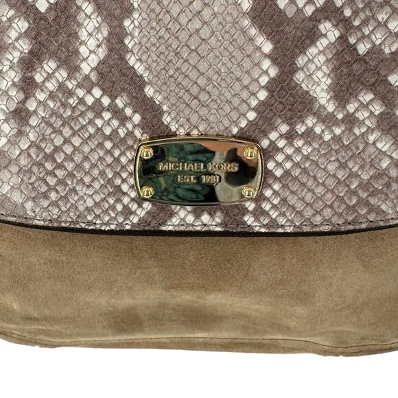 MICHAEL KORS Bedford Dark Sand Suede & Python Embossed Leather Shoulder Bag - Picture 3 of 9